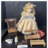 Vintage Porcelain Doll & Doll Furniture.