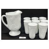 Vintage Milk Glass Grape Vine Tumblers & Pitcher