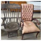 Vtg Tufted Gooseneck Armchair, Primitive Commode.