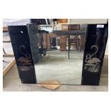 Vtg Chinoiserie Black Lacquer Wall Mirror.