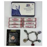 Sterling Charm Bracelet, 6 Rolls & Cheerio Penny.