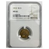 NGC MS 61 90% Gold 1913 Indian Head $2.50.