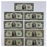 4 $2, 3 $1 Green Seal, $1 Blue, $2 Red Banknotes.
