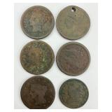 5 Braided Hair Large Cents, 1 1829 Half Cent.