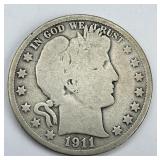90% Silver 1911-D Barber Half Dollar.