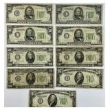 4 $50, 3 $20, 2 $10 Green Seal Bank Notes.