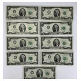 90 1976 $2 Green Seal Federal Reserve Notes.