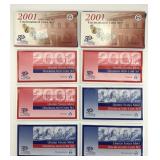 8 U.S. Mint Uncirculated Coin Sets Years 2001-02.