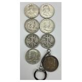 7 90% Silver Half Dollars, 1964 Kennedy Keychain.