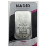 New 1 Troy Oz Fine Silver Nadir Refineries Bar.