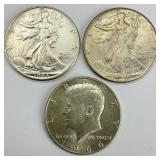3 90% Silver Walking Liberty & Kennedy Halves.