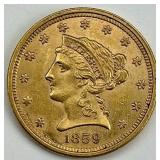 90% Gold 1859 Liberty Head Quarter Eagle $2.50.