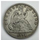 90% Silver 1891 Liberty Seated Half Dollar.