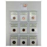 9 Graded Pennies, Quarter, and Nickels.