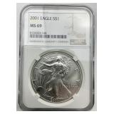 NGC MS 69 Fine Silver 2001 Eagle $1.