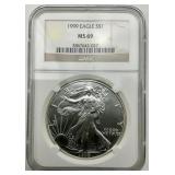 NGC MS 69 Fine Silver 1999 Eagle $1.