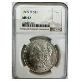 NGC MS 62 1885-O 90% Silver Morgan Dollar.