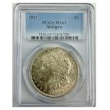 PCGS MS 63 90% Silver 1921 Morgan Dollar.
