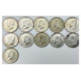 11 40% Silver Clad Kennedy Half Dollars.