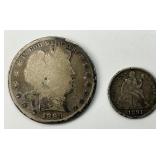 90% Silver 1899 Barber Half, 1891 Seated Dime.