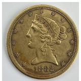 90% Gold 1882-CC Liberty Head $5 Half Eagle.