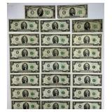 1 $10 2 $5 20 $2 Green Seal Federal Reserve Notes.