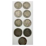 9 90% Silver Barber & Seated Liberty Dimes.