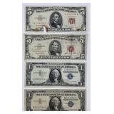 2 1957A Silver Certificates & 2 1963 $5 Notes.