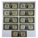 2 $10, 1 $5, 6 $1 Yellow Seal Silver Certificates.