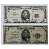 1953 Red Seal & 1929 Brown Seal $5 Banknotes.