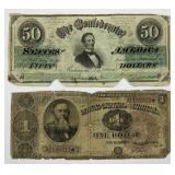 1862 $50 Confederate & 1890 $1 Treasury Note.