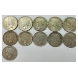 11 90% Silver 1925-1935 Peace Dollars.