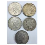 5 90% Silver 1922-1925 Peace Dollars.