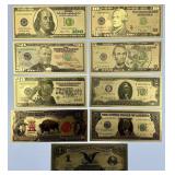 9 Gold Leaf Novelty U.S. Banknote Replicas.