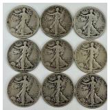 9 90% Silver 1916-1936 Walking Liberty Halves.
