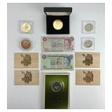 Assorted Tokens, Wooden Nickels, Foreign Bill.