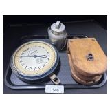 Hanging Scale, Pulley, & Metal Container.
