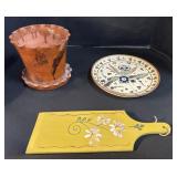 Folk Art Wooden Paddle, Redware Pot, Owl Plate.