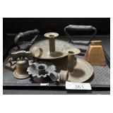 Candlestick Holders, Bells, Cast Iron Sad Irons.