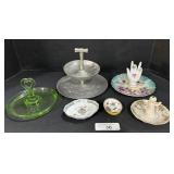 Limoges Jewelry Dishes, Vaseline Glass Caddy.