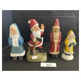 4 Hand Carved Wooden Santa Figures, 2 Signed.