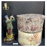 Golfer Figural Lamp, Empty Hat Boxes.