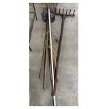 Garden Tools & Antique Wooden Rake.
