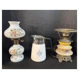 2 Vintage Floral Lamps & Corningware Pitcher.