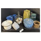 Graniteware Pitcher, Pot, Mason Jar, Milk Bottle.