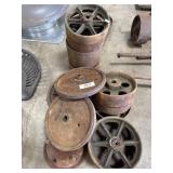 Vtg Cast Iron Pulleys & Cart Wheels.