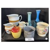 Ceramic Iridescent Pitchers, Art Glass Vases.