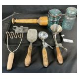 Primitive Masher, Kitchen Utensils, Canning Jars.