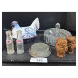 Hen On Nest, S&P Shakers, EAPG Glass Lidded Dish.