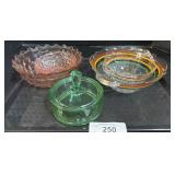 Pink Depression Glass Bowls, Green Glass Bowl.